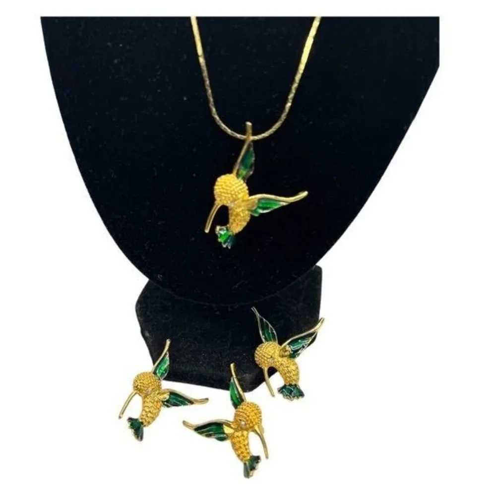 Vintage 1980s Gold Tone Hummingbird Brooch Blue Green Enamel Rhinestone Eye - Picture 7 of 7